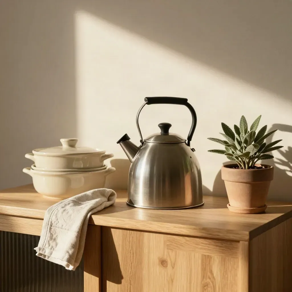 Kettle, ceramic cookware, tea towel and small plant on a sunlit kitchen sideboard.