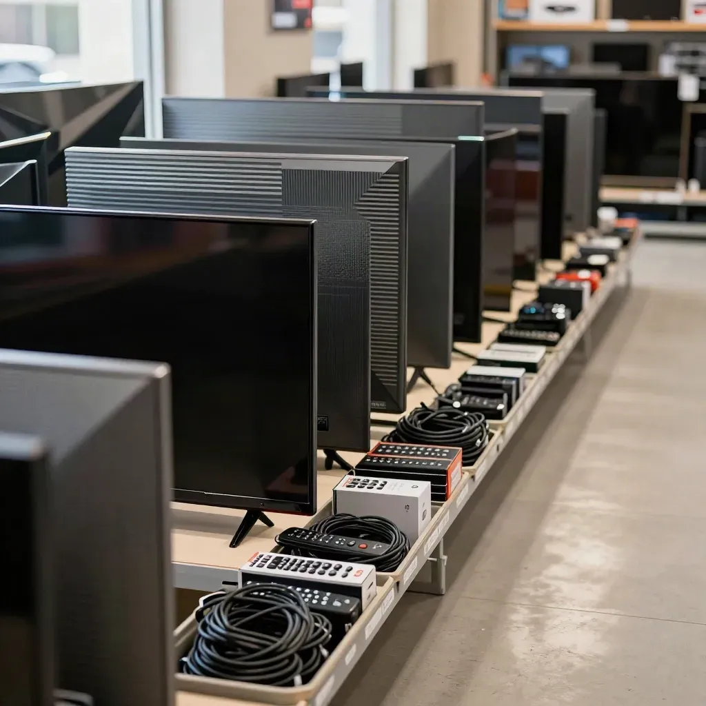 High-angle electronics aisle with stacked TVs, closed shutters, sale bins, and soft daylight glare.