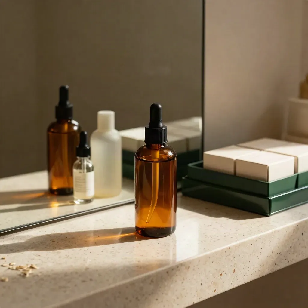 Skincare bottles, dropper and gift sets beside a mirror in dramatic spa light.