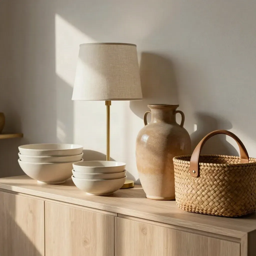 Showroom sideboard with bowls, lamp, vase and basket in dusty sunlight.
