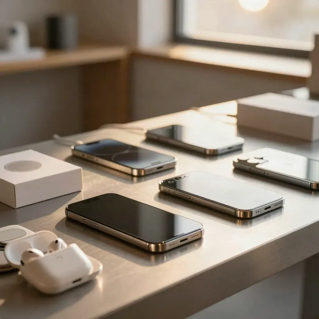Phones, earbuds, charging pads, and boxes on a brushed-metal display table in warm late light.