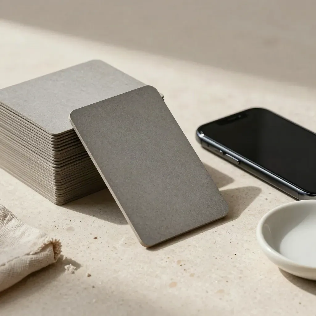 Top-down still life of store-page cards, a slim phone, and ceramic dish on pale stone.